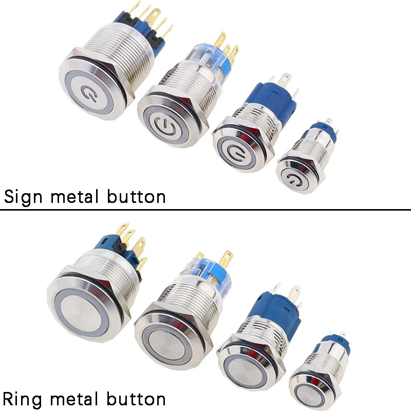 12/16/19/22mm Waterproof Metal Push Button Switch LED Light Momentary Latching Car Engine Power Switch 5V 12V 24V 220V Red Blue