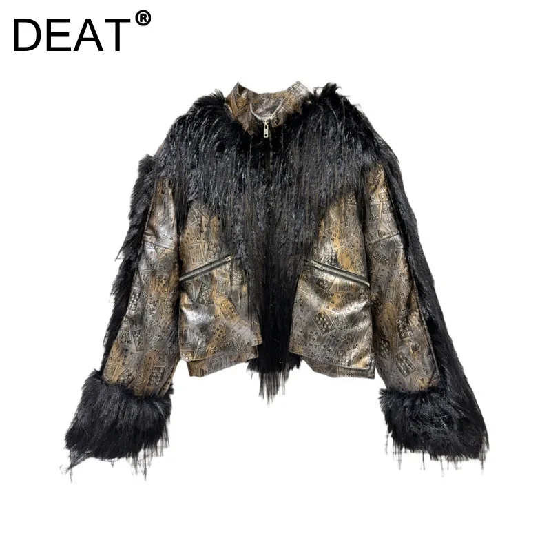 DEAT Women\'s Coat Pu Leather Poker Card Printed Cotton-padded Spliced Plush Stand Collar Jacket 2024 New Winter Fashion 11A01763