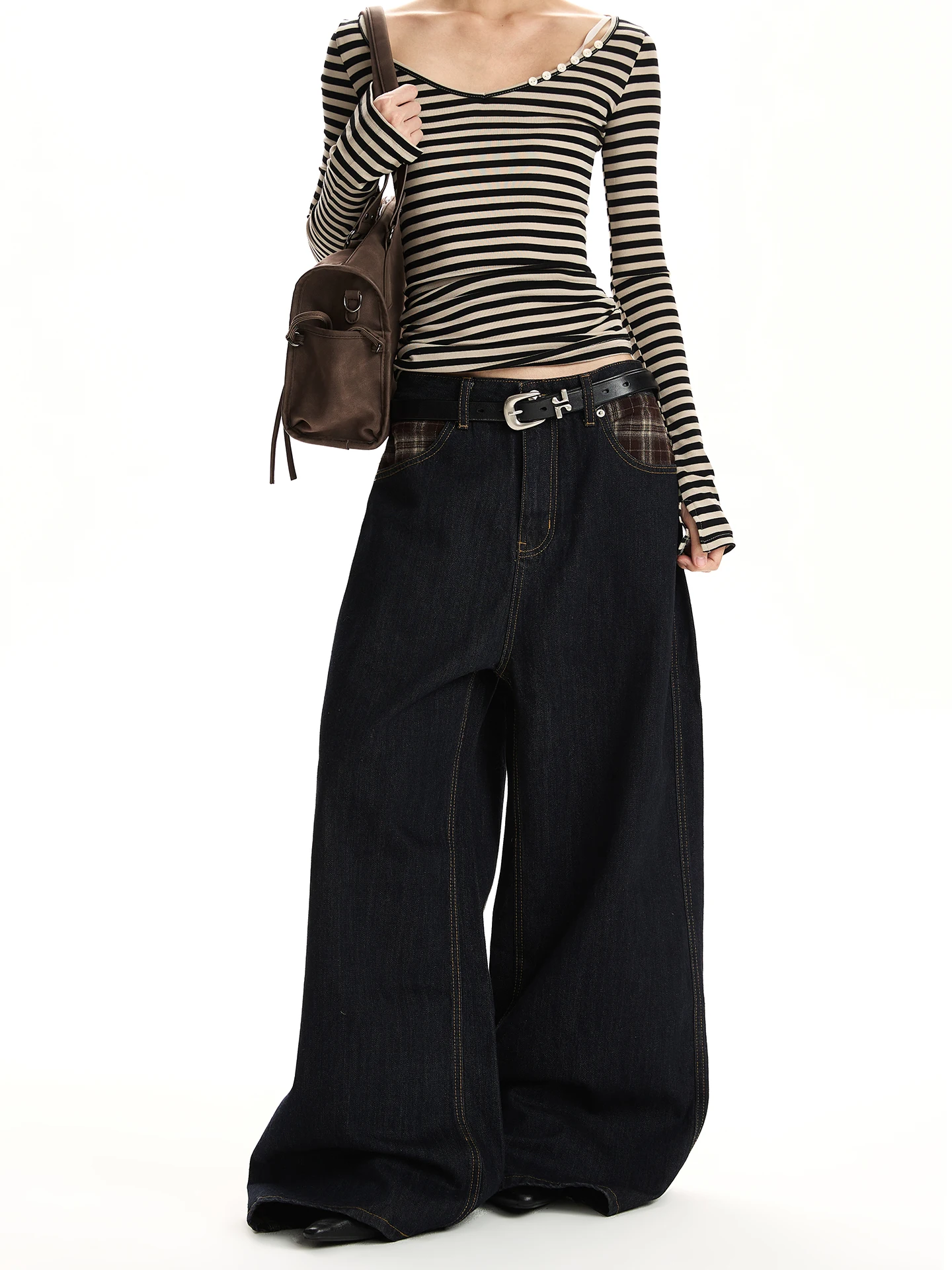 

VAT Retro Deep Blue Plaid Trimmed High-End Feeling Straight Leg Denim Pants Women Loose Fit Slimming Commute Pants