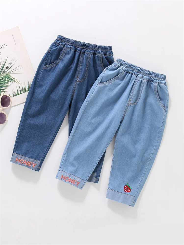

Летние тонкие хлопковые джинсовые брюки для девочек, прямые повседневные свободные дышащие брюки из чистого хлопка с защитой от комаров, детские длинные брюки