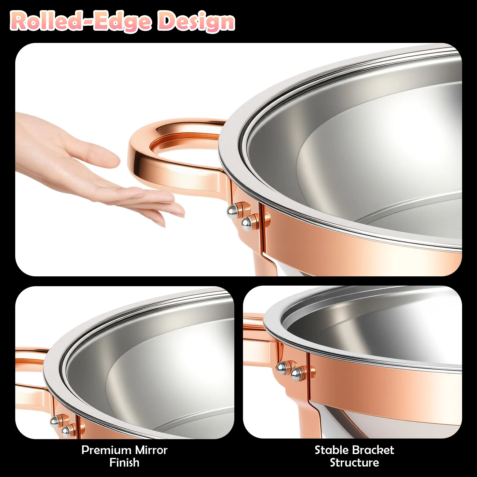 Chafing Dish Set Gold-Plated 5QT Round Warmer Server Stainless Steel 316 with Glass Lids – Premium Buffet & Hot Pot Serving for Parties Buffets Weddings Birthdays 1/2/4/6 Pack