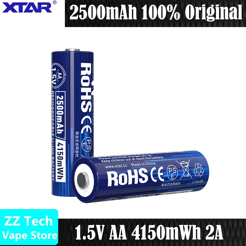 Lot de 4 batteries Li-ion XTAR 1,5V AA 4150mWh 2500mAh à décharge 2A, durée de vie de 1200 cycles, cellule protégée avec indicateur