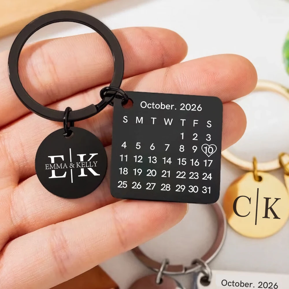 

Personalized Name Keychain with Calendar, Stainless Steel Keychain Birthday Gift Keychains, Metal Keychain Wedding Gift Keychain