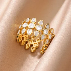 Lucky Zircon Rings For Women Girls Waterproof Gold Color Stainless Steel Ring 2024 Trend Wedding Couple Band Party Jewelry Gift