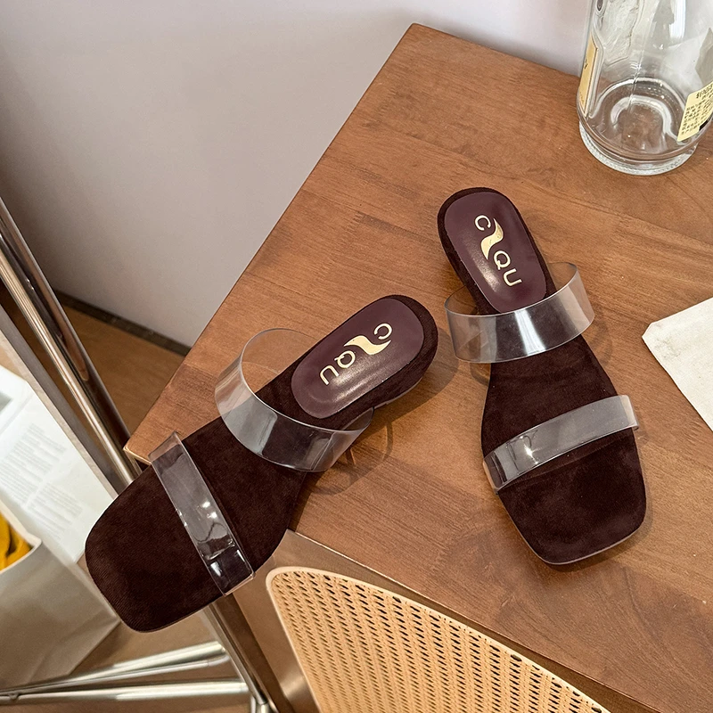 French-style~Niche Design Elegant Square-toe Single-strap Transparent Wedge Summer Slippers for Wearing Out with Skirts,open-toe