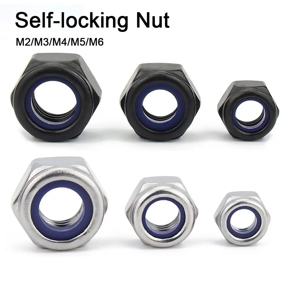 10pcs M2 M3 M4 M5 M6 304 Stainless Steel Black Nylock Nut Locknut Hex Nylon Insert Self Lock Nut Hardware Accessory