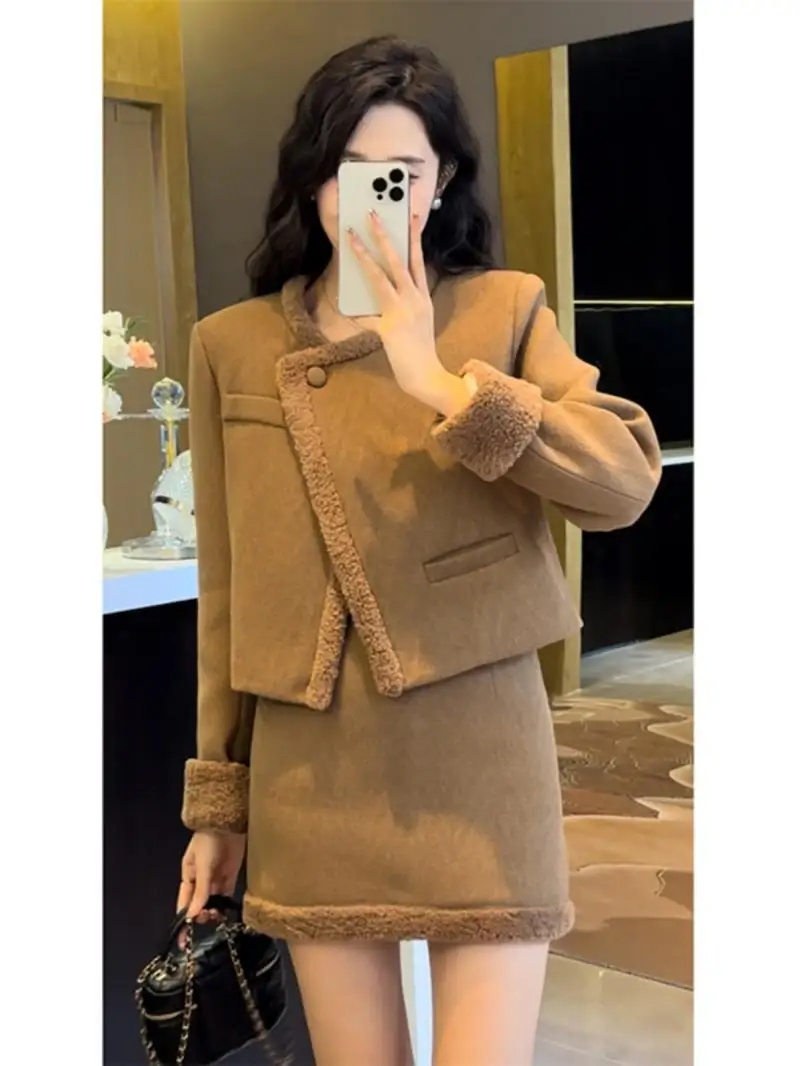 

Sweet Hot Girl Maillard Suit Women's Autumn Winter Long-sleeved Single Button Coat High Waist Skirt Two-piece Set Female Clothes