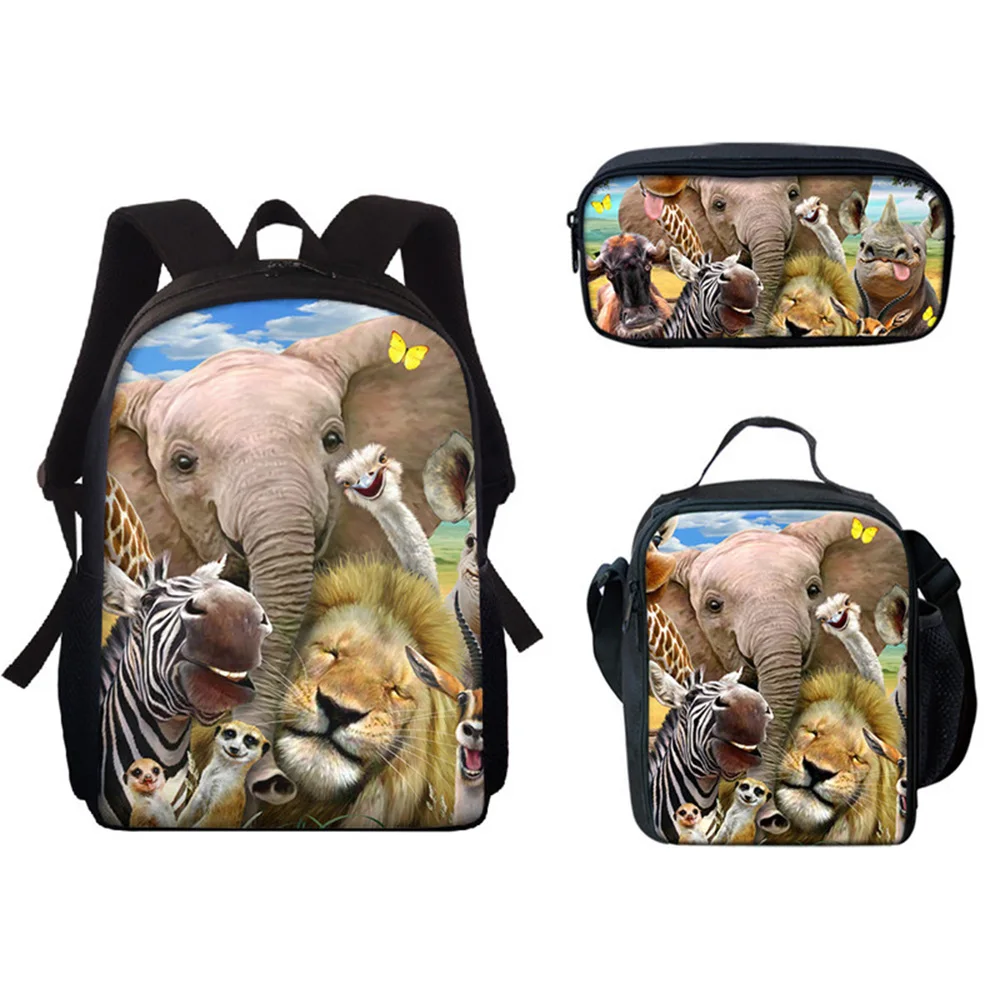 Engraçado Elefante Animais Mochilas Escolares, Impressão 3D, Mochila Pupila, Lunch Bag, Estojo para Lápis, Laptop Bag, Clássico e Criativo, 3PCs por Conjunto