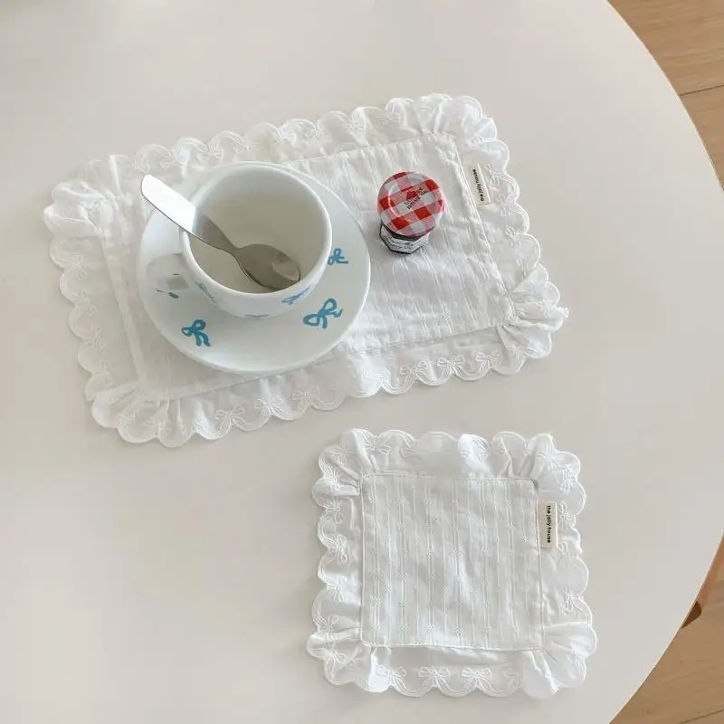 Korean Style Soft Flounced Lace Ruffle Placemats Dust-proof Multi-purpose Coasters Fabric Napkins Dining