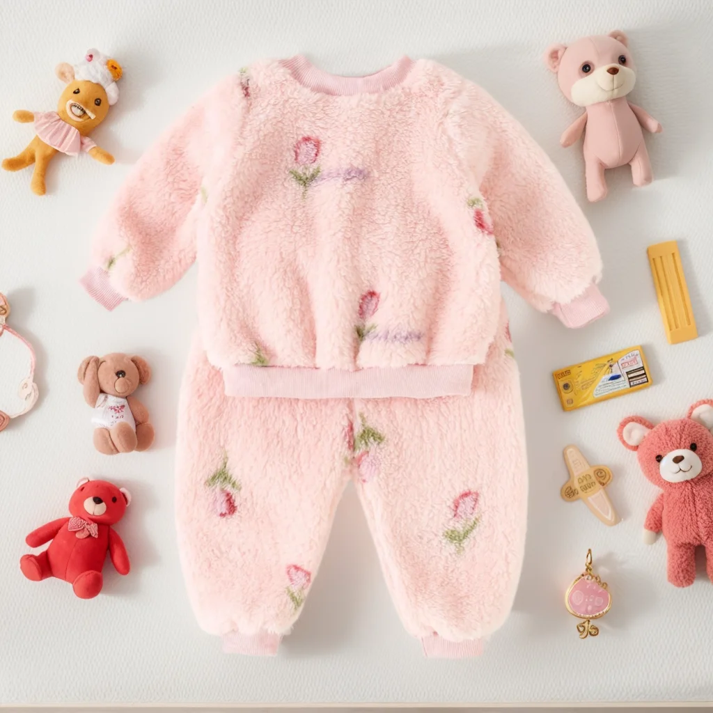 Cute Fleece Long Sleeve Little Kids Tops + Pants Thickened Baby Outfits Sets Winter Florals Clothing