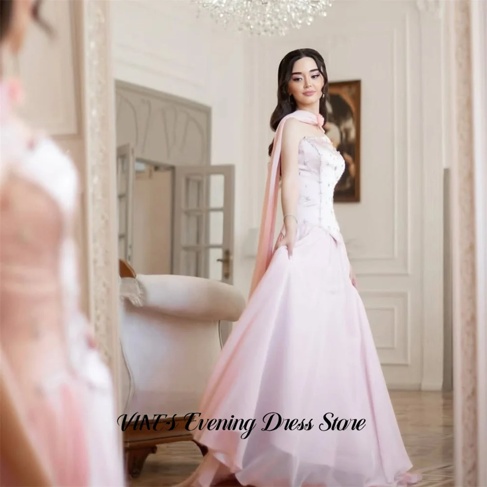 

VINES Pink Party Dress Strapless Evening Dress with Beaded Bodice Party Gown A Line Chiffon Formal Gown for Women Customized
