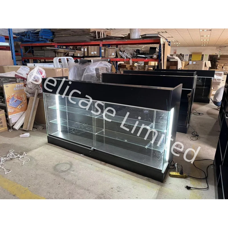 2025customized.6 Feet Multifunctional Retail Store Shop Cash Desk Wooden Ledge Top Checkout Counter With View Front Glass Showca