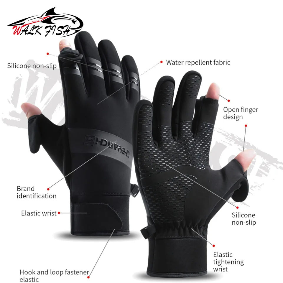 WALK FISH 1 Pair Waterproof Winter Fishing Gloves 2 Finger Flip Windproof Women Men Gloves Warm Protection Fish Angling Gloves