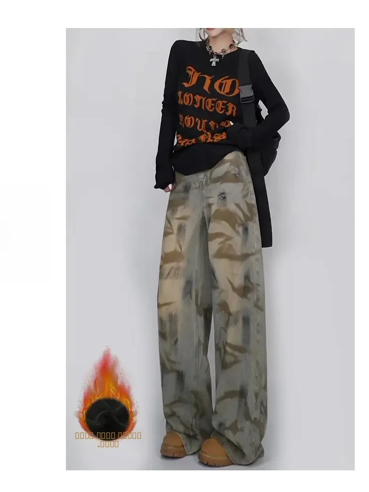 

Retro Streetwear fiti Design Wide Leg Jeans Casual Straight Cut Denim Pants Autumn New Sle Women's Faion Cold Proof