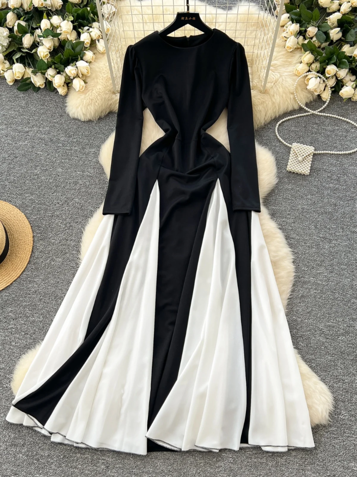 Ele Dames Lange Sve Dr Color Blo Hoge Taille A-lijn Rok Bla Wit Contrast Geplooide Zoom Woon-werkverkeer Koreaanse Sle