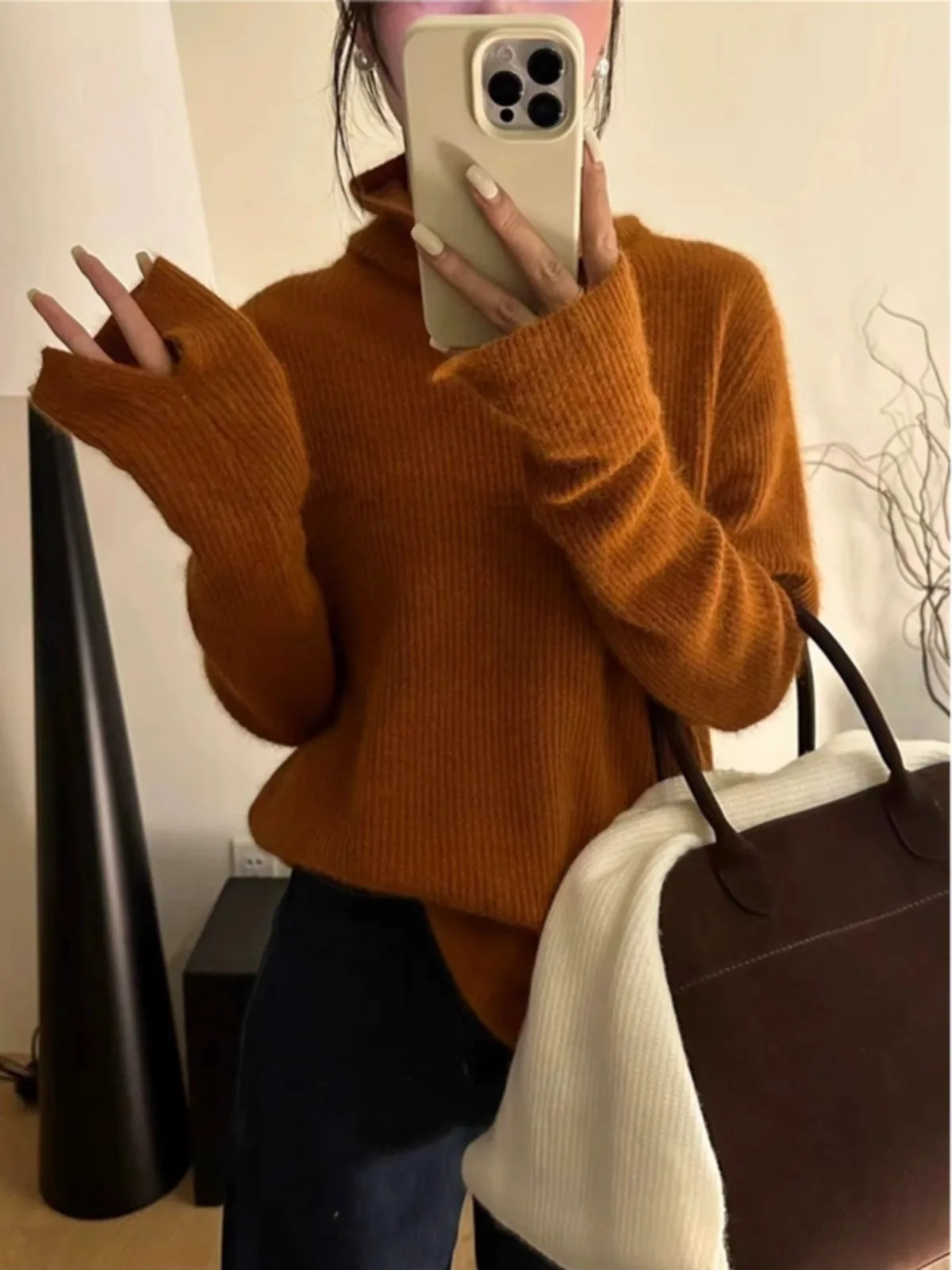 Sweater wanita rajut kasmir turtleneck tebal, atasan dasar wol murni sweater leher tumpuk longgar musim gugur dan musim dingin 100%