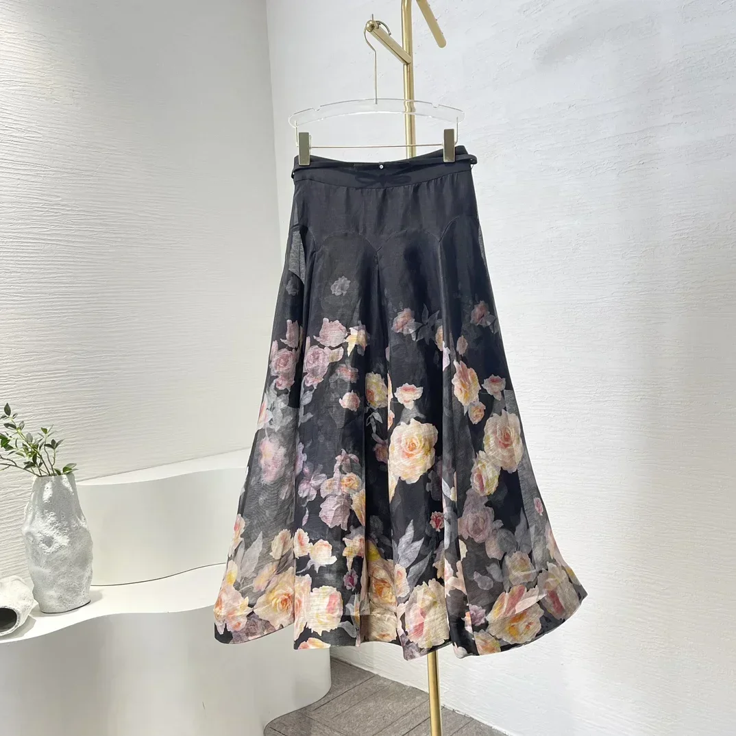 Ensemble chemisier à volants et jupe mi-longue pour femme, imprimé floral noir, manches longues, tenue en lin, haute qualité, nouvelle collection, automne