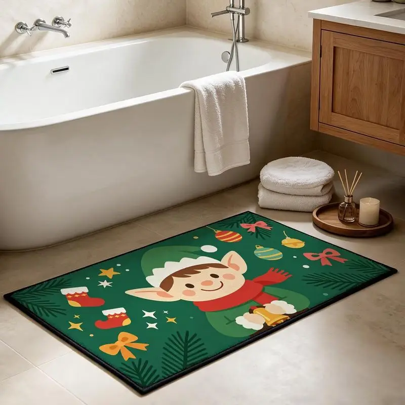 VIKAMA Cute Christmas Elf Bathroom Rug Green Hat Candy Cane Stocking on Green Floor Mat Washable Non Slip Soft Home Decor