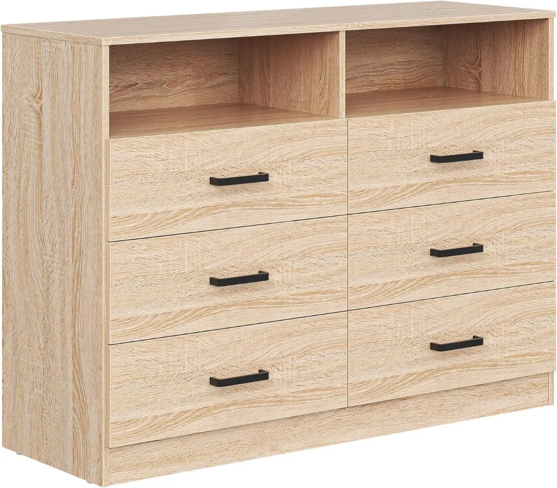 Bigbiglife 6 Drawers Dresser for Bedroom Wooden Dresser with Open Storage Cubby, Double Wide Dresser Organizer