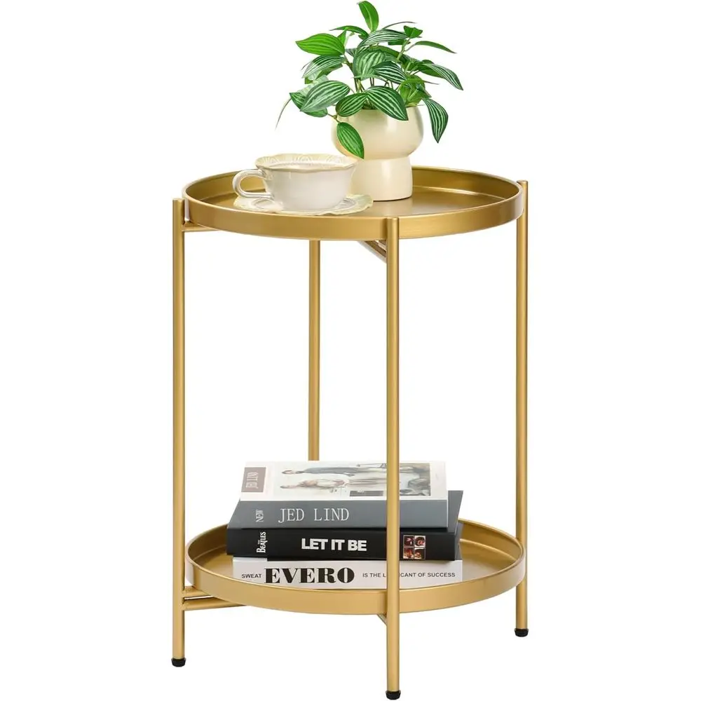 

Round 2-Tier Metal Side Table with Removable Tray for Living Room, Balcony, Outdoor, Gold Finish