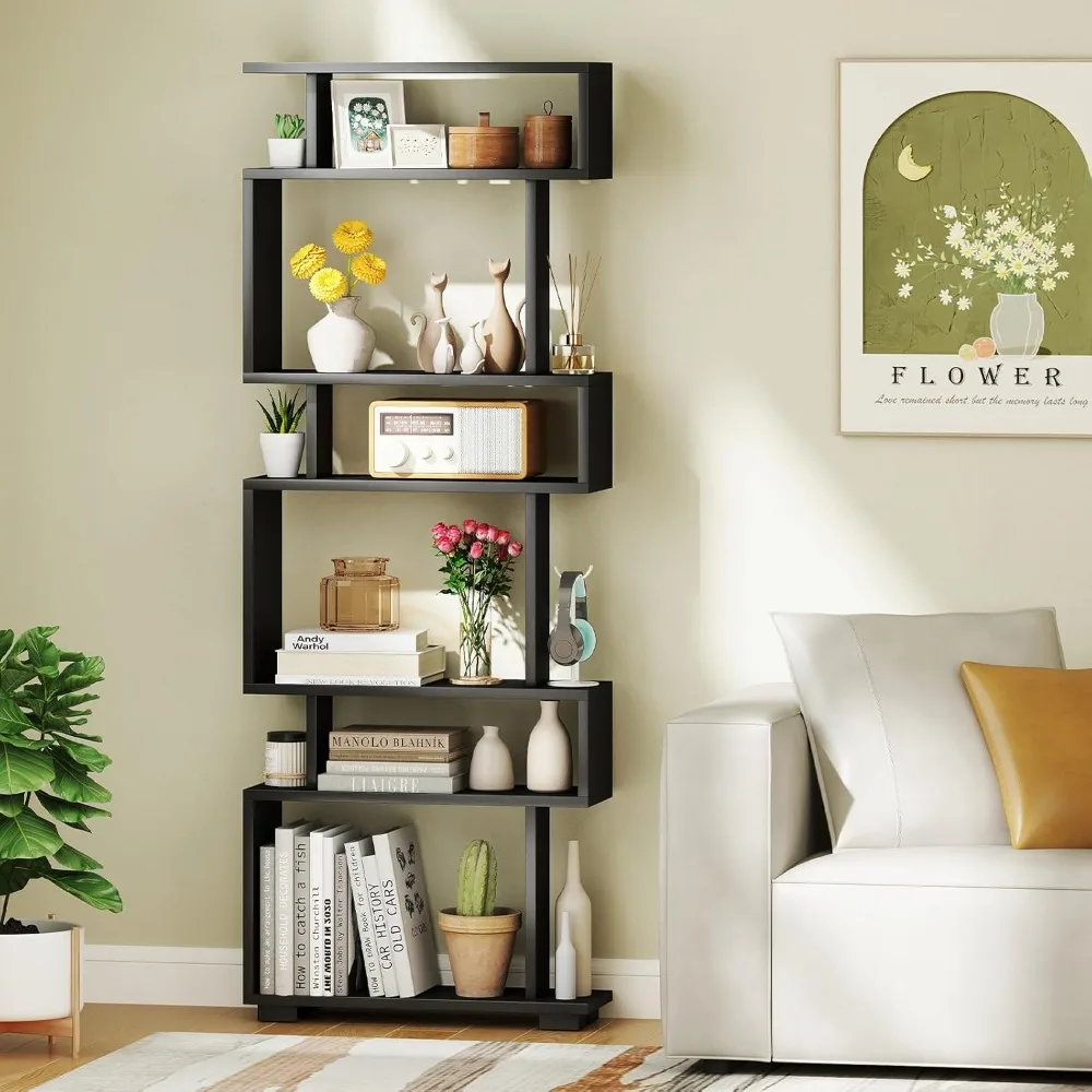 

6-Tier Geometric Bookcase Set of 1,64" Tall S-Shaped Bookshelf w/Anti-Tipping Kit, Wood Freestanding Decorative Storage Display