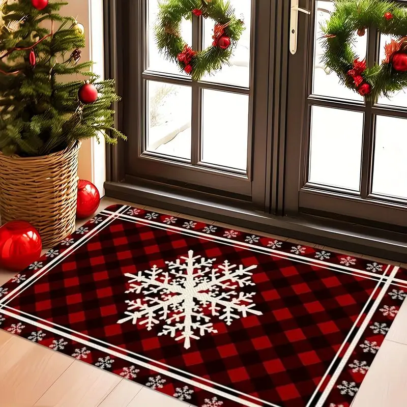 VIKAMA Christmas Buffalo Check Rug, Non-Slip Entry Mat with Snowflake Christmas Border Design, Christmas Home Decor