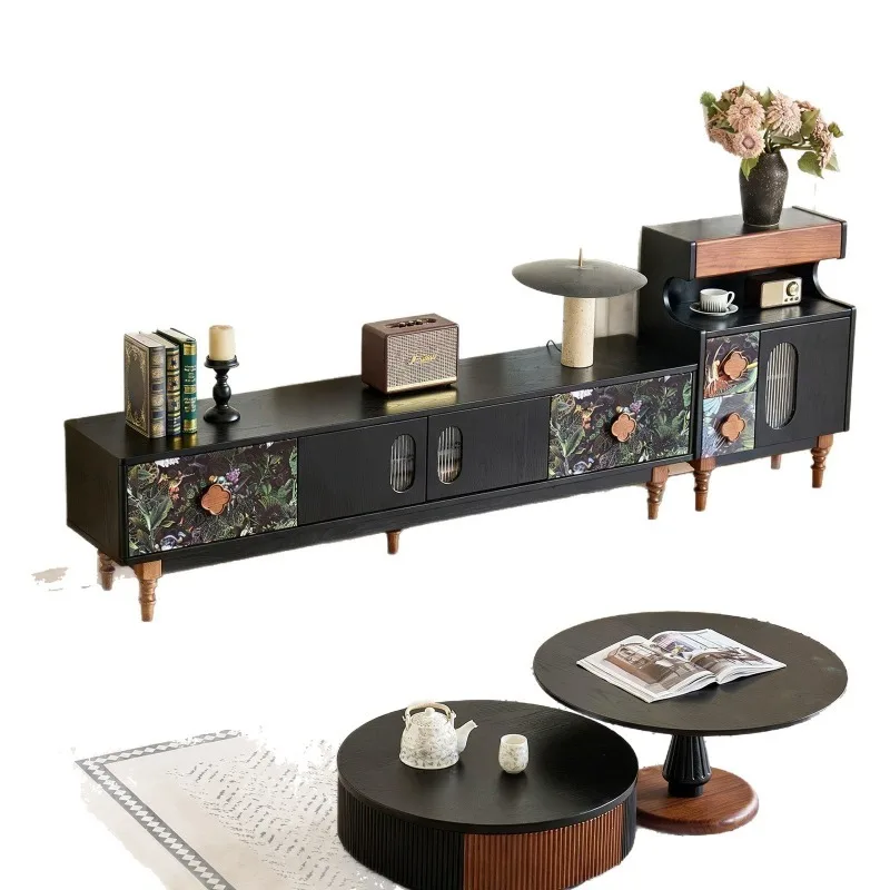 French retro solid wood antique TV cabinet, combined small apartment living room wall solid wood TV cabinet
