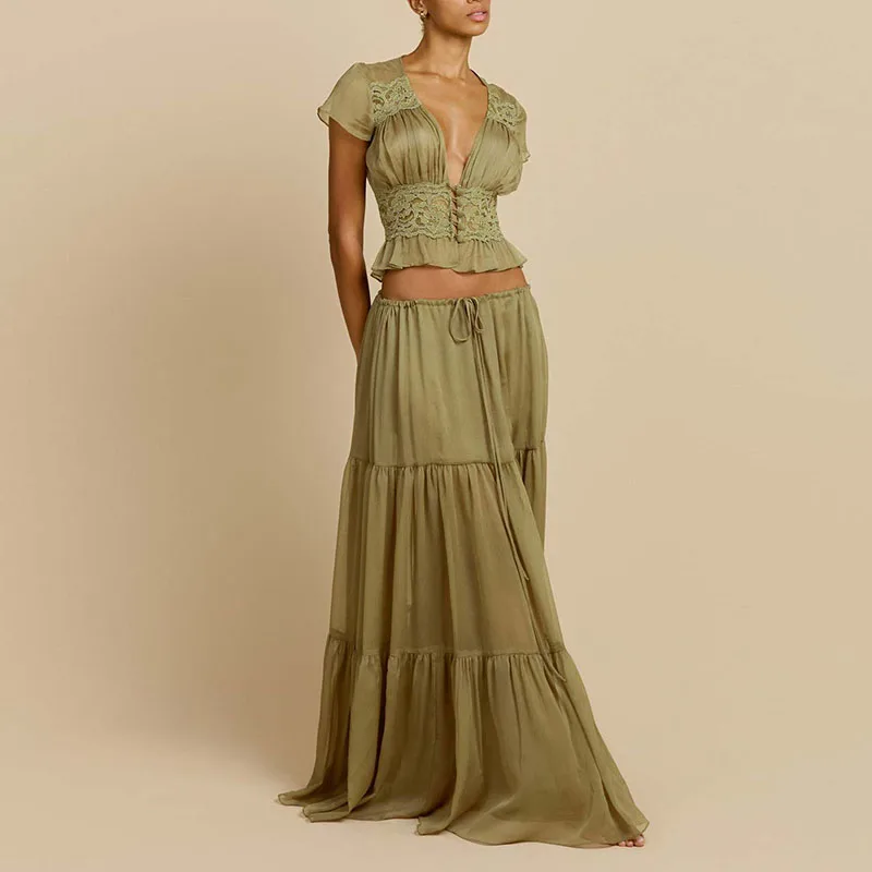 

Elegant Mesh Summer Suit Women's Fashion V-neck Short Sleeved Top with Skirt Two Piece Set 2026 Sexy Crop Solid Holiday Outfits