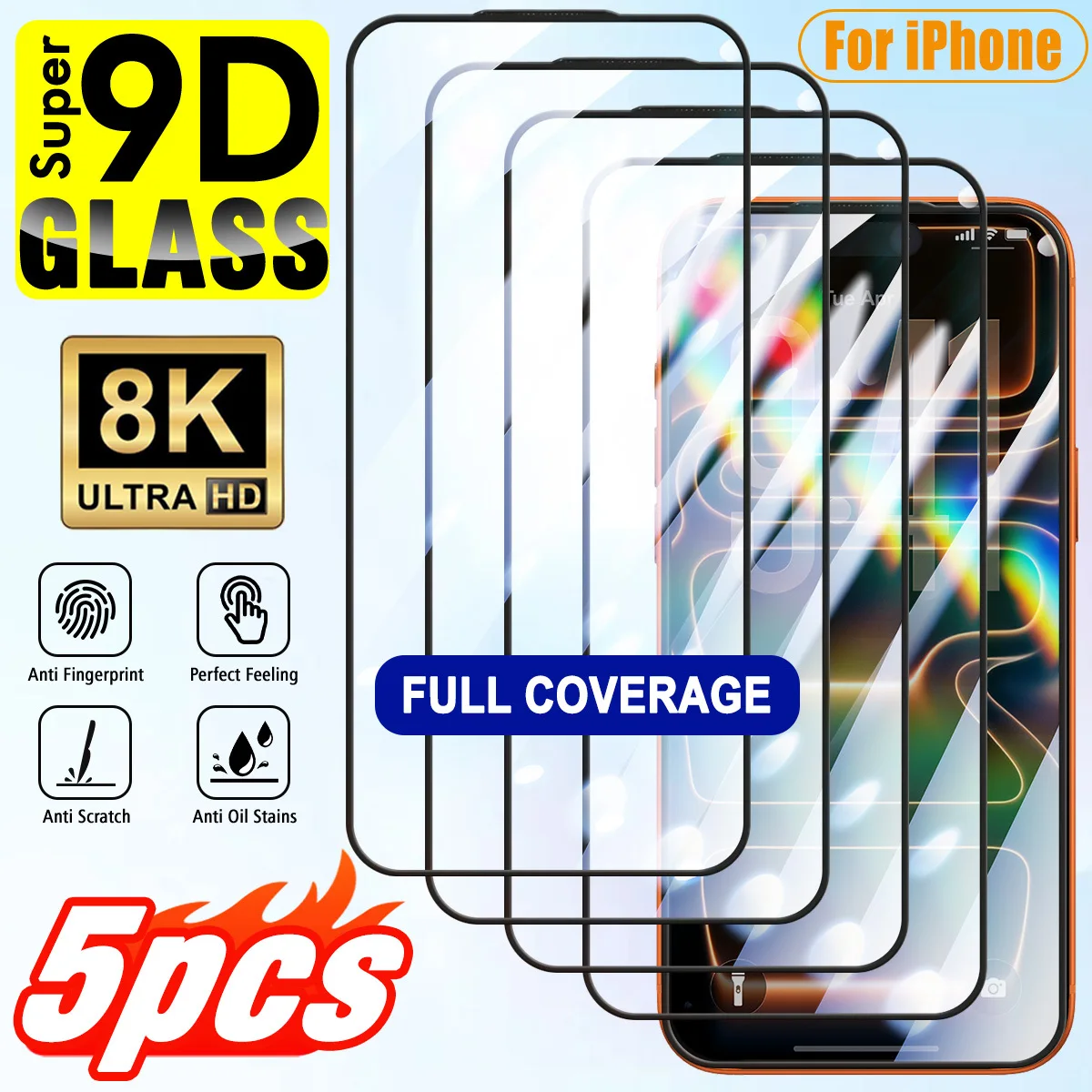 5 Stück 9D Ultra HD Panzerglas Displayschutzfolie mit vollständiger Abdeckung für iPhone 11 X XS 12 13 14 Plus 14 Pro 15 Pro Max 16 16 Pro Max 17 Air 17 Pro 17 Pro Max, Hohe Klarheit,