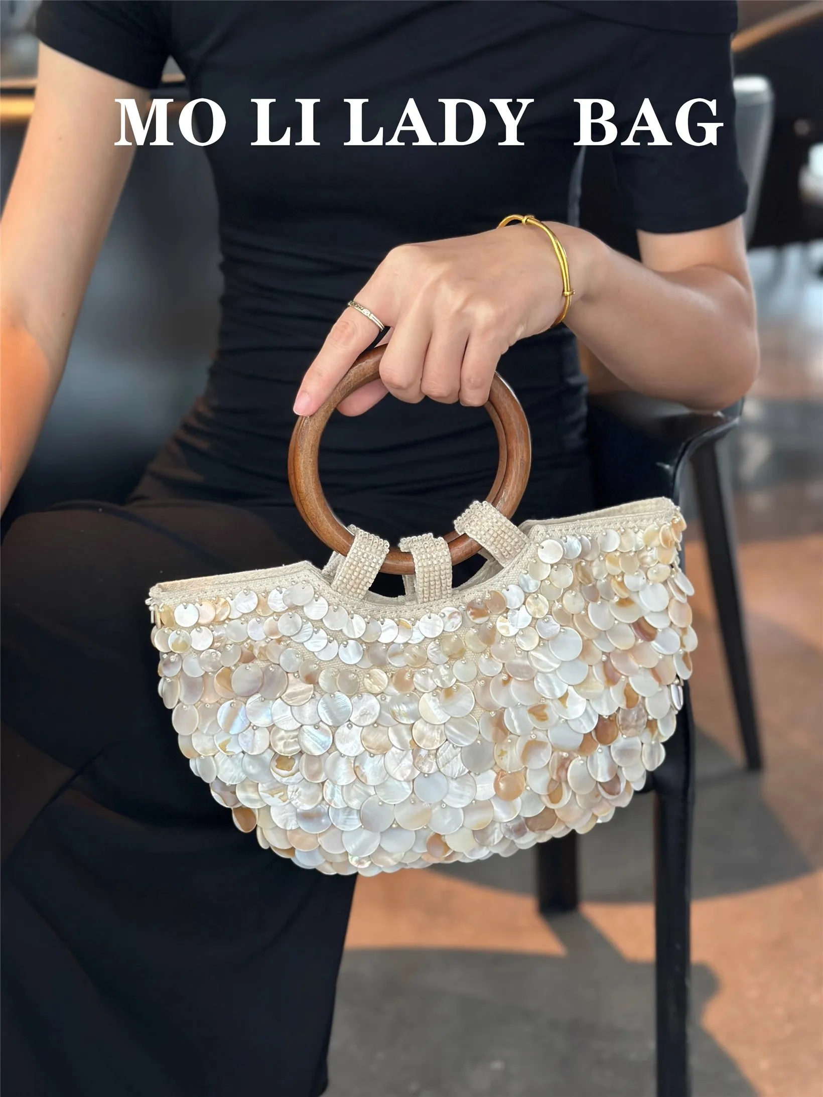 

Fashion Natural Shell Case Beading Bucket Bag Large Capacity Women Handbag Beads Beaded Handmade Casual Tote Bag Shoulder Bag