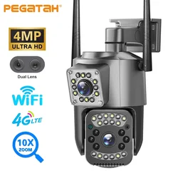 PEGATAH 4MP PTZ HD Dual Lens Wifi 4G Sim Card Camera 10X Zoom Outdoor Security Camera Night Vision CCTV Surveillance IP Cameras