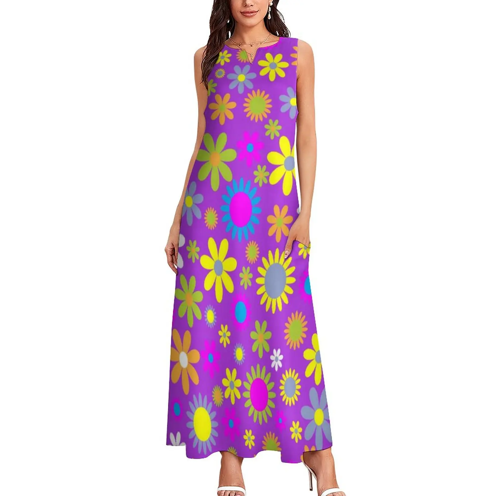 Rsychedelic Flower Power Robe Rétro 60s Impression Moderne Robe Maxi Femmes Motif Décontracté Robes Longues Esthétique Grande Taille Robe