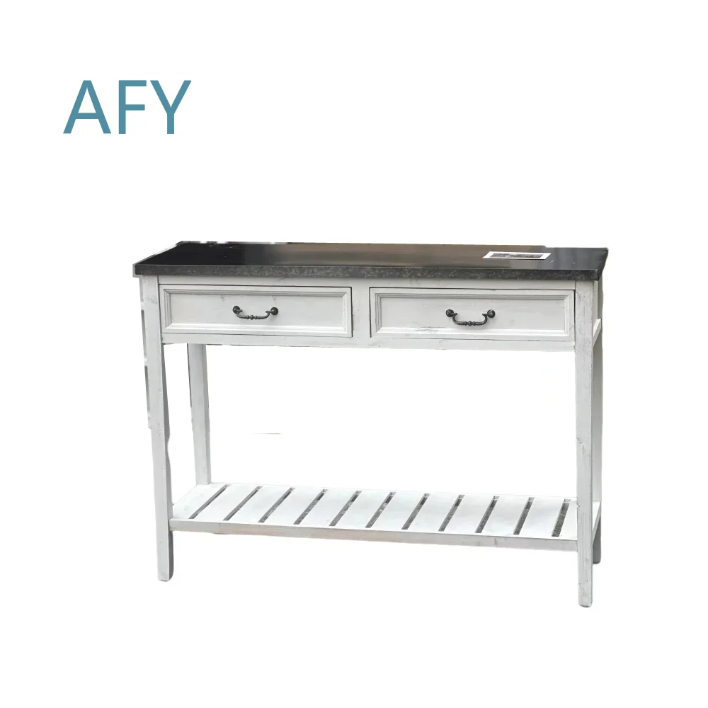 Farmhouse Console Table with 2 Drawers and Bottom Shelf for Home Office Living Room Entryway Decor Distressed White Wood and