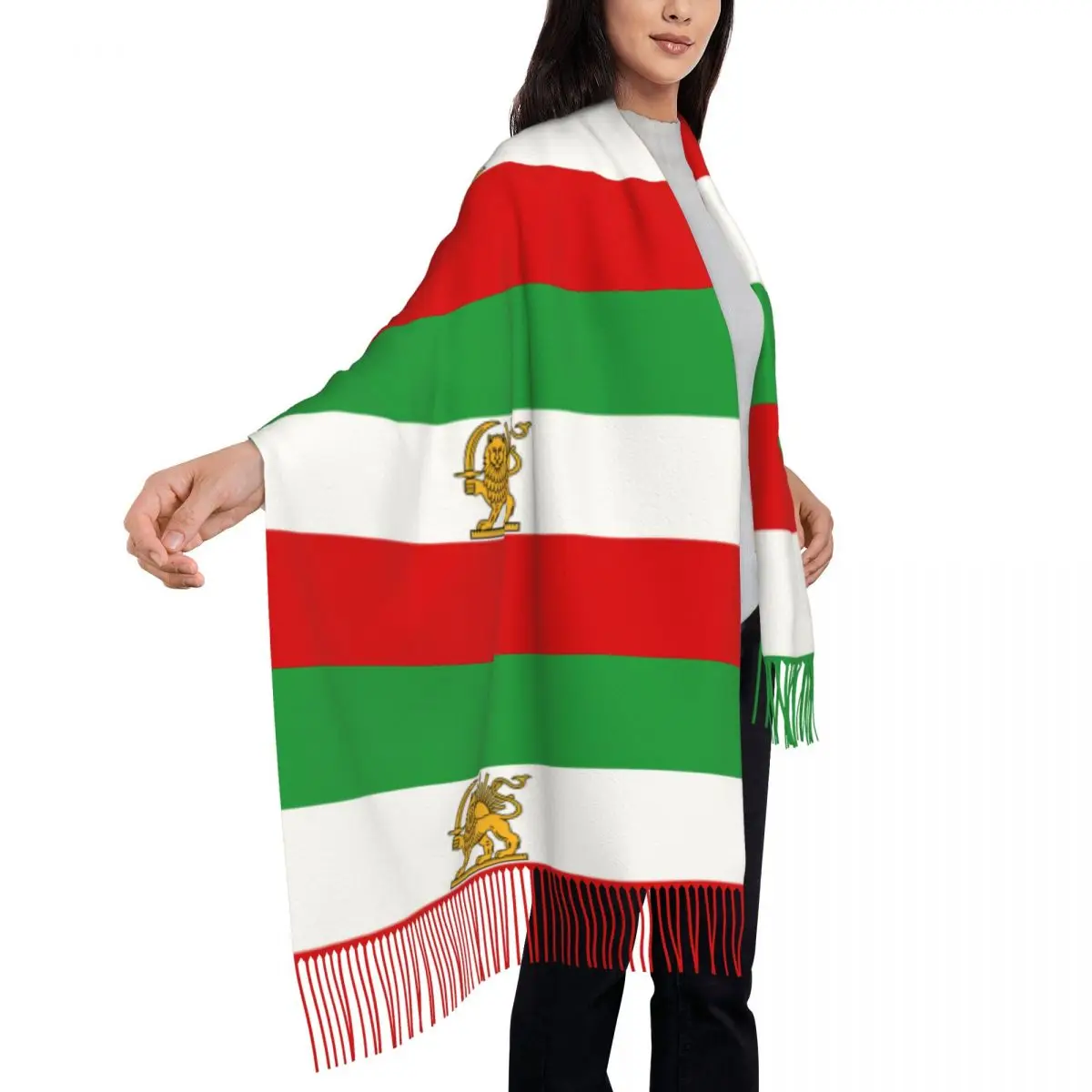 

Шарф с флагом Ирана и изображением льва, унисекс, с длинными кисточками, зимний, в стиле Y2K, забавный, теплый, на заказ, DIY, шаль-накидка, буфанда