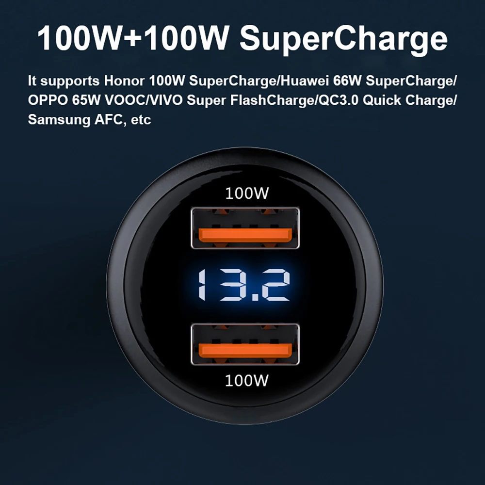 EONLIN Dual USB 200W USB Super VOOC Car Charger จอแสดงผลแรงดันไฟฟ้า QC3.0 USB 100W 66W SuperCharge สำหรับ huawei Honor VIVO OPPO Xiaomi