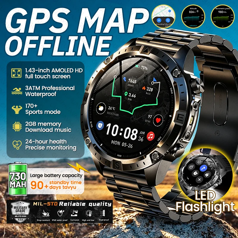 

New Outdoor GPS Offline Map Smart Watch Altimeter Compass 2GB Memory 30M Waterproof BT Call 730mAh Battery Men Sports Smartwatch