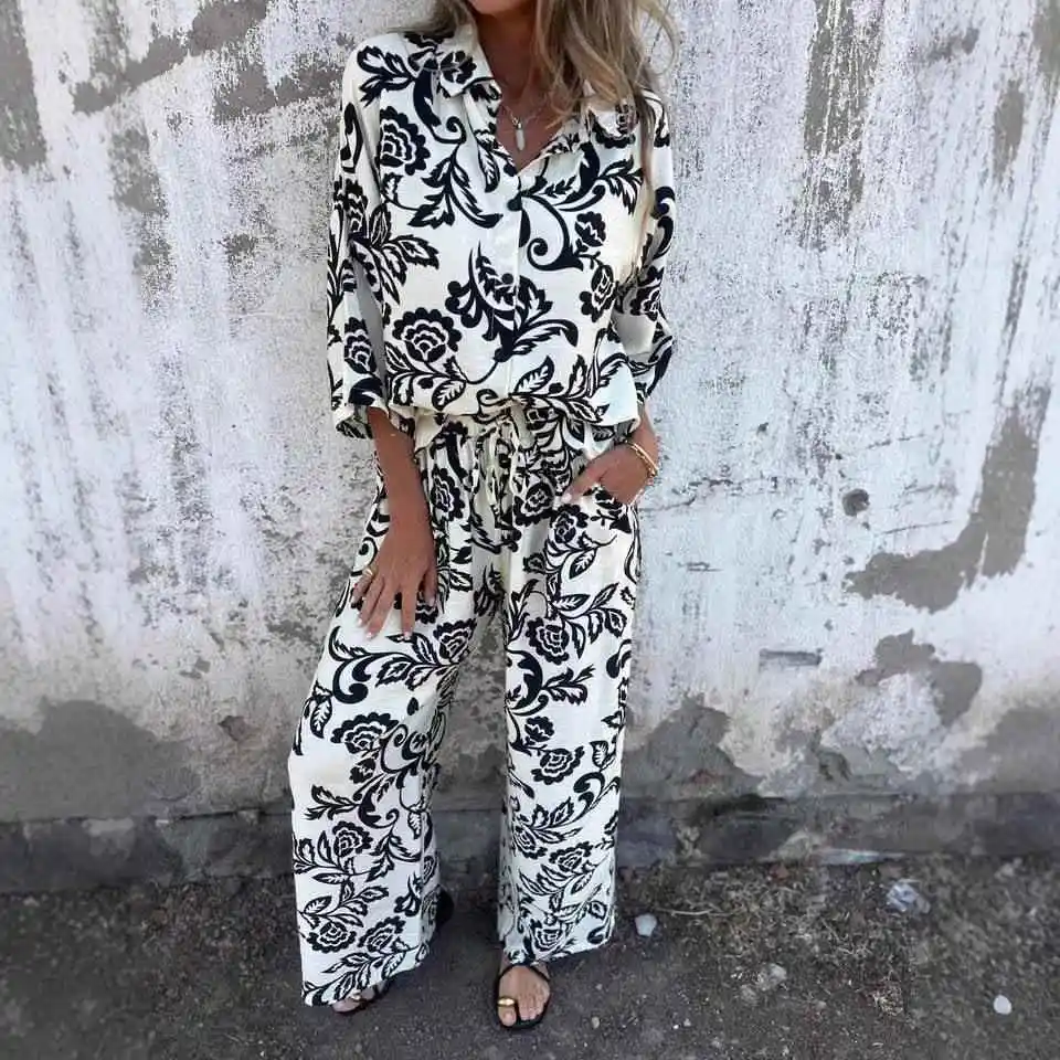 

Женский комплект из двух предметов с длинными брюками с уникальным принтом, повседневный топ с семью шипами, зимний модный комплект для взрослых с растительным цветочным узором