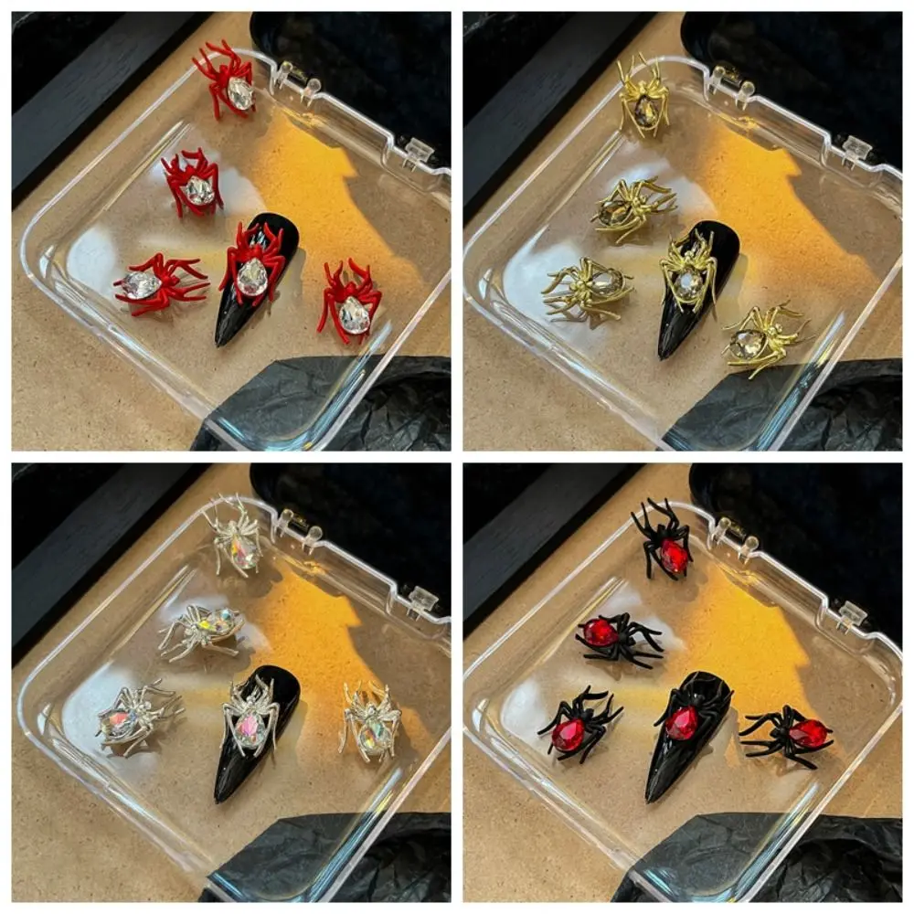 5 Pcs 3D Spider Nail Art Rhinestones Colorful Sparkle Crystal Alloy Spider Decoration Dark Retro Gothic Design