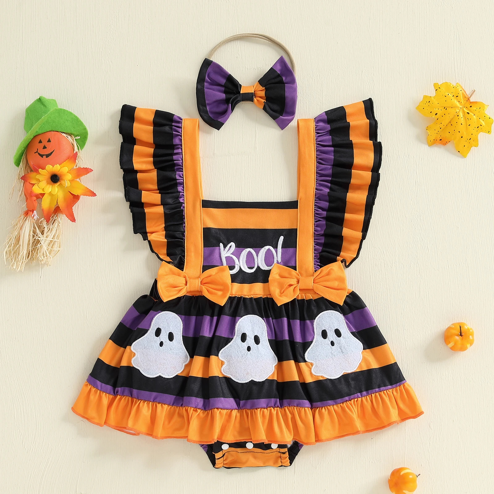 

VISgogo Baby Girl Bodysuits Holiday Outfit Pumpkin/Turkey Flying Sleeve Romper Dress Bow Headband 2 Piece Set