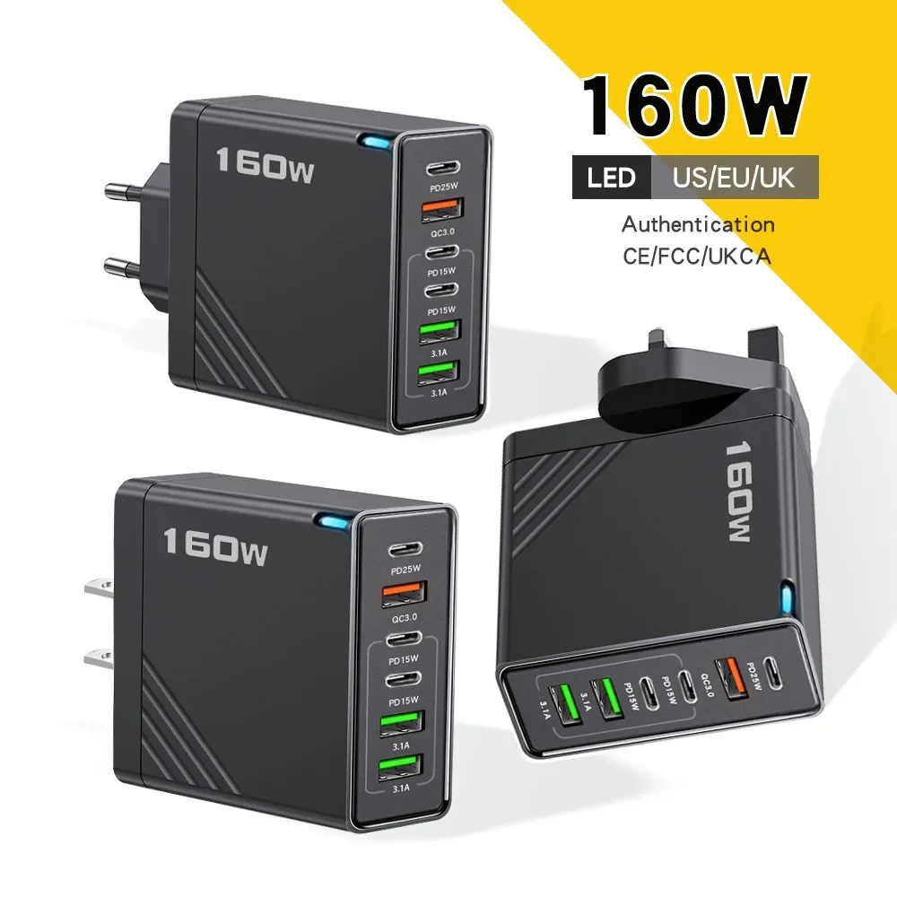 GEFENIS USB C Charger Total 160W Type C Fast Charger QC3.0 PD Mobile Phone For IPhone 16 Pro Samsung Xiaomi 6 Ports Universal Ad