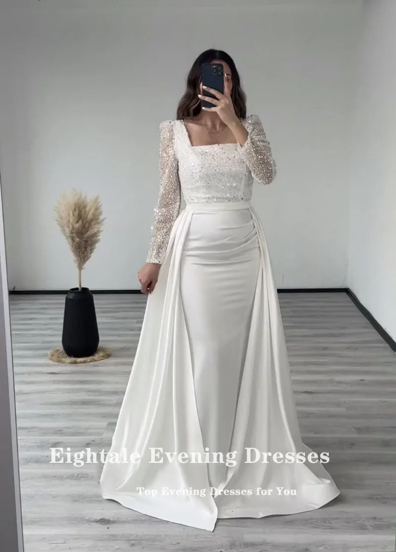 Eightale Evening Dresses with Detachable Skirt Sequined Long Sleeves Customized Mermaid Prom Wedding Party Gown Robes De soirée