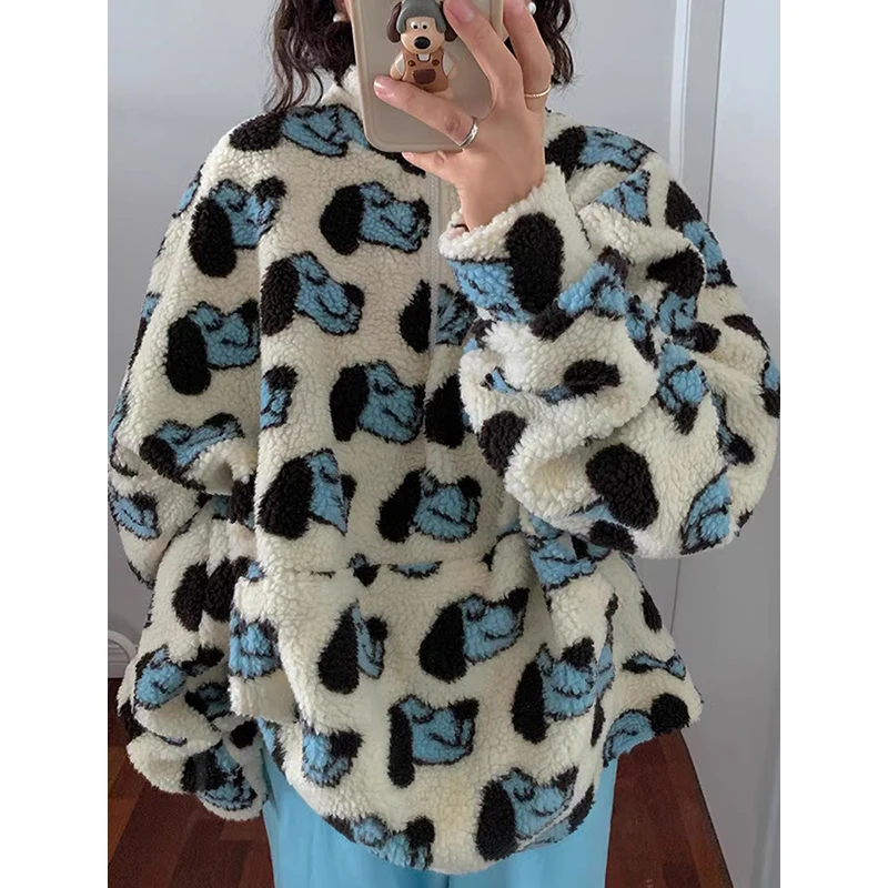 Chic Autumn Winter Cute Anti-Aging Stand Collar Half Zip Loose Casual Cartoon Print Long Sleeve Lamb Fur Sweatshirt