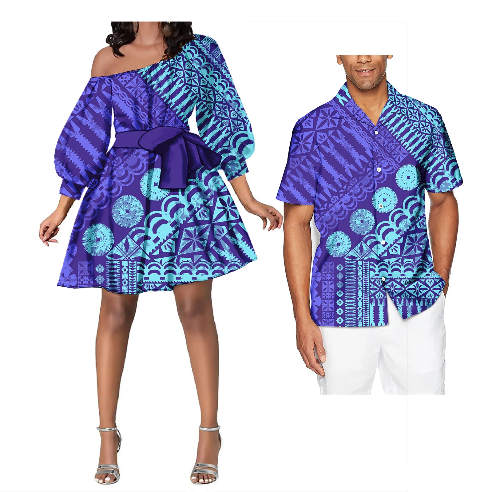 Paar Outfit Sets Dames Avondjurken Polynesische Patroon Ontwerp Klassieke Heren Hawaiiaanse Shirts Overeenkomen Met Vrouwen Plus Size Jurk