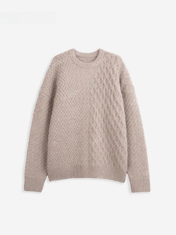 

PEACHZHOU Теплый свитер оверсайз из шерстяной смеси с круглым вырезом, утолщенный, осенний, модный, женский трикотаж