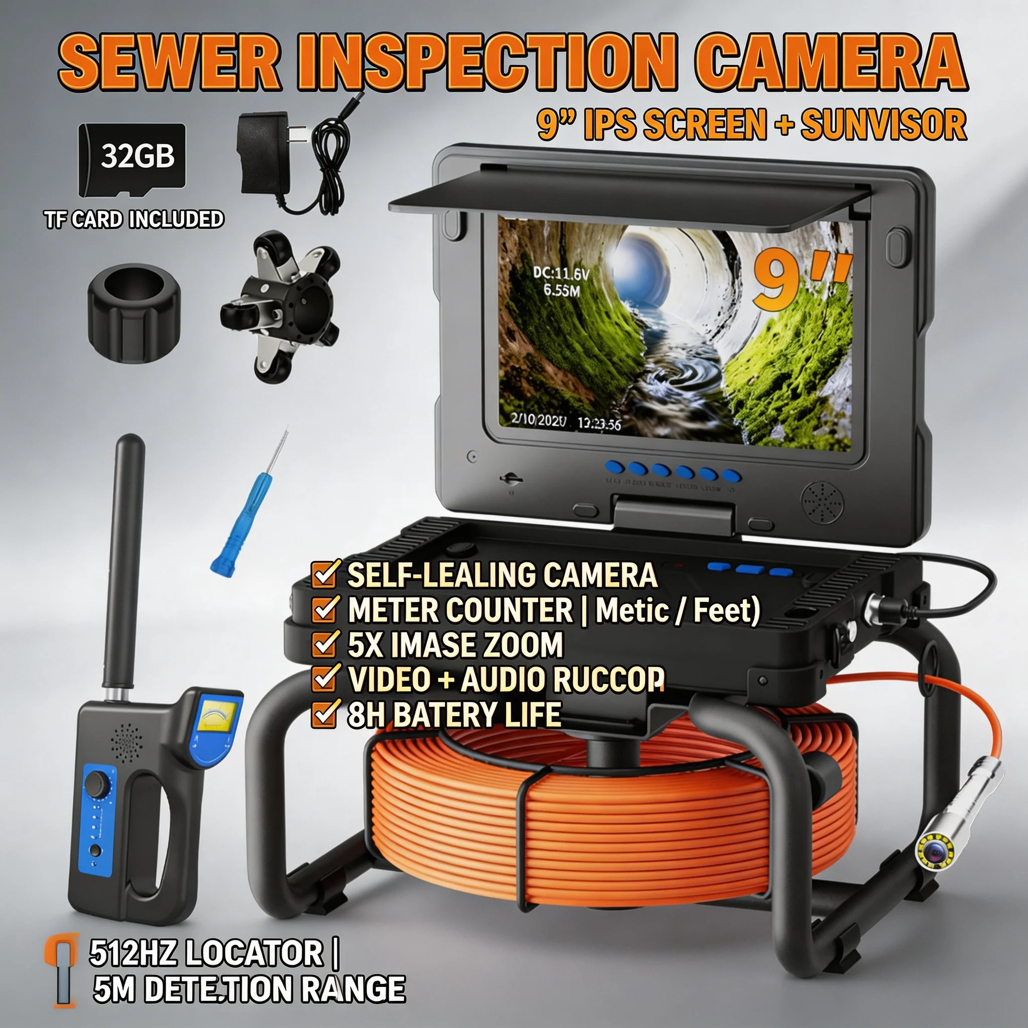 

9'' Waterproof Sewer Pipe Inspection Camera with 512HZ Self-Leveling Locator, Meter Counter & DVR Video Endoscope