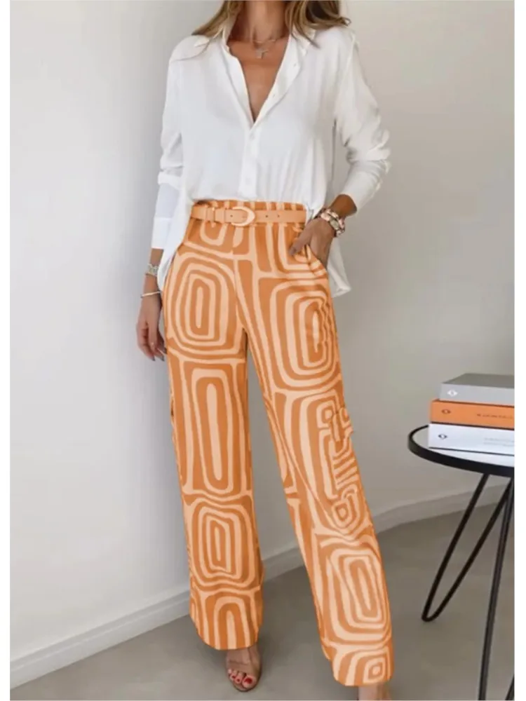 Women Fashion Two Piece Set Summer Autumn White Lapel Long Sleeve Single Breasted Shirt Top & Print Wide Leg Pants Sets No Belt