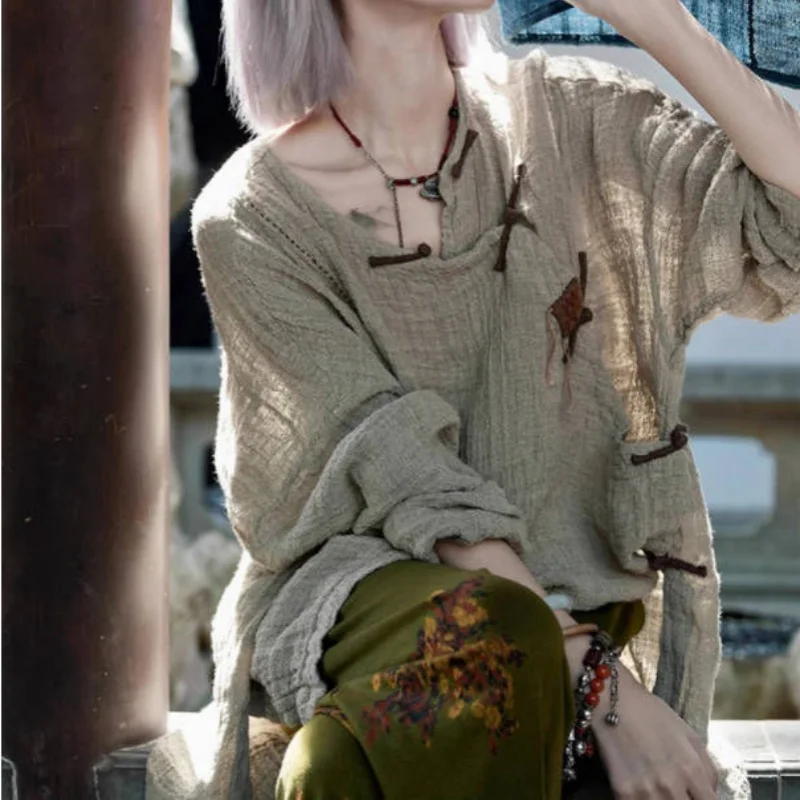 

Chinese Khaki Crepe Long Blouse Women Frog Button Breathable Hemp Shirt Soft Summer Loose Casual Long Sleeve Top