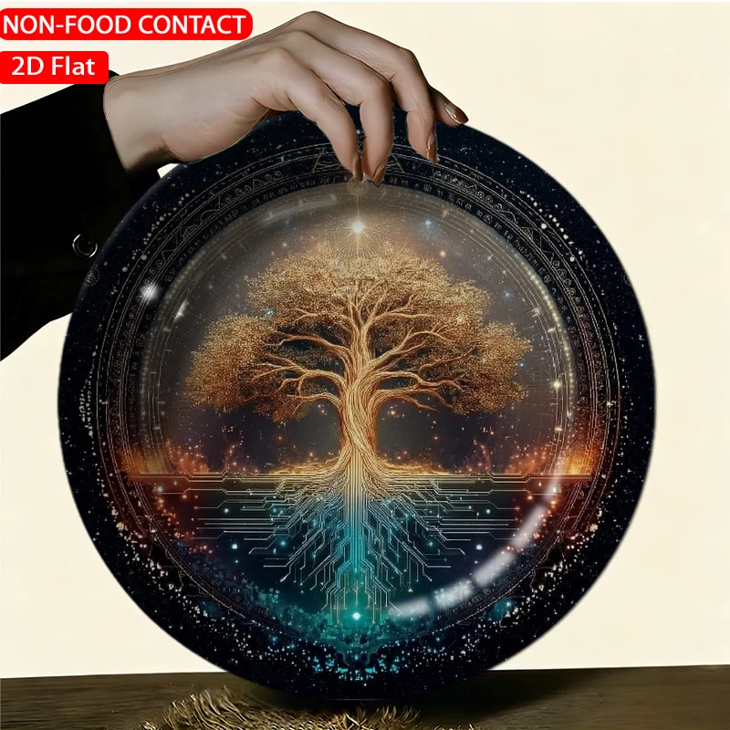 1pc Elegant Ceramic Decorative Plate - Cosmic Tree Golden Blue Theme Luxury Suitable for Home Desk, Shelf, Tabletop Decor,