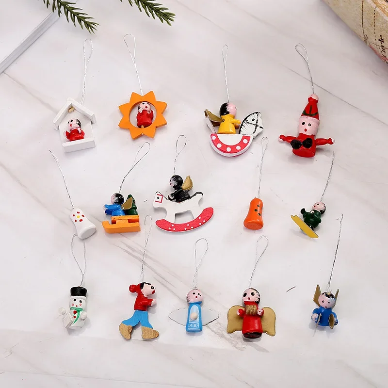 48pcs New Year Christmas Ornaments Diy Xmas Gift Wooden Handicraft Jewelry Tree Pendant Doll Hang Decorations Cute Toys Set