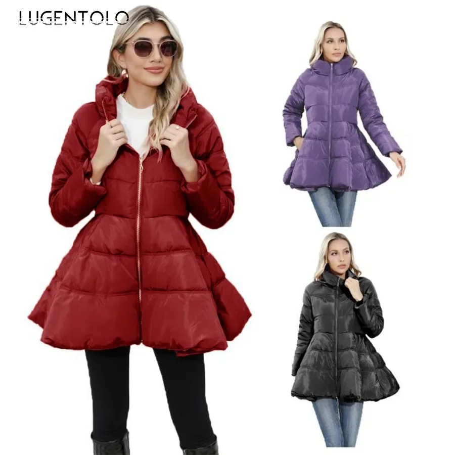 

Women Slim Warm Parkas Thickened Warm New Winter Cute Bow Female Elegant Fashion Zipper Big Swing Stand Collar Coats Lugentolo